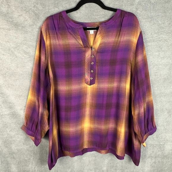 J Jill Top Womens 2X Purple Plaid 3/4 Length Sleeve Preppy Autumn Country - Picture 1 of 12